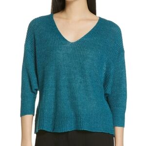 Eileen Fisher V-Neck Linen Sweater Size Small Teal 100% Linen